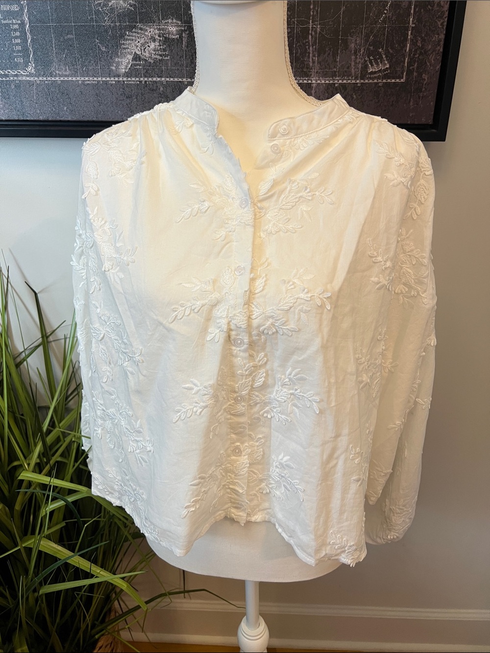 White Embroidered Button-Front Women's Top